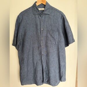 Harry Rosen 100% Linen Short Sleeve Shirt Blue Men’s Medium Casual Summer